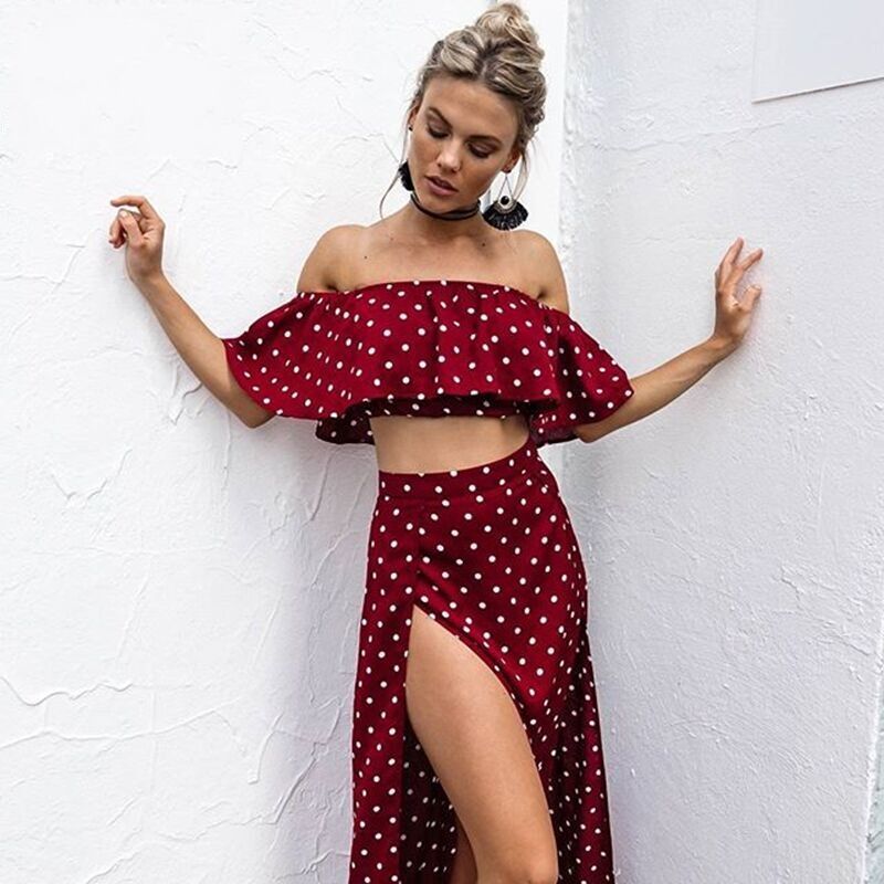 red polka dot off the shoulder top